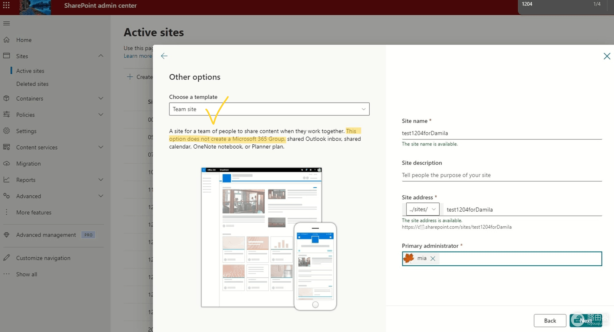 如何创建SharePoint无Microsoft 365组的小组网站?