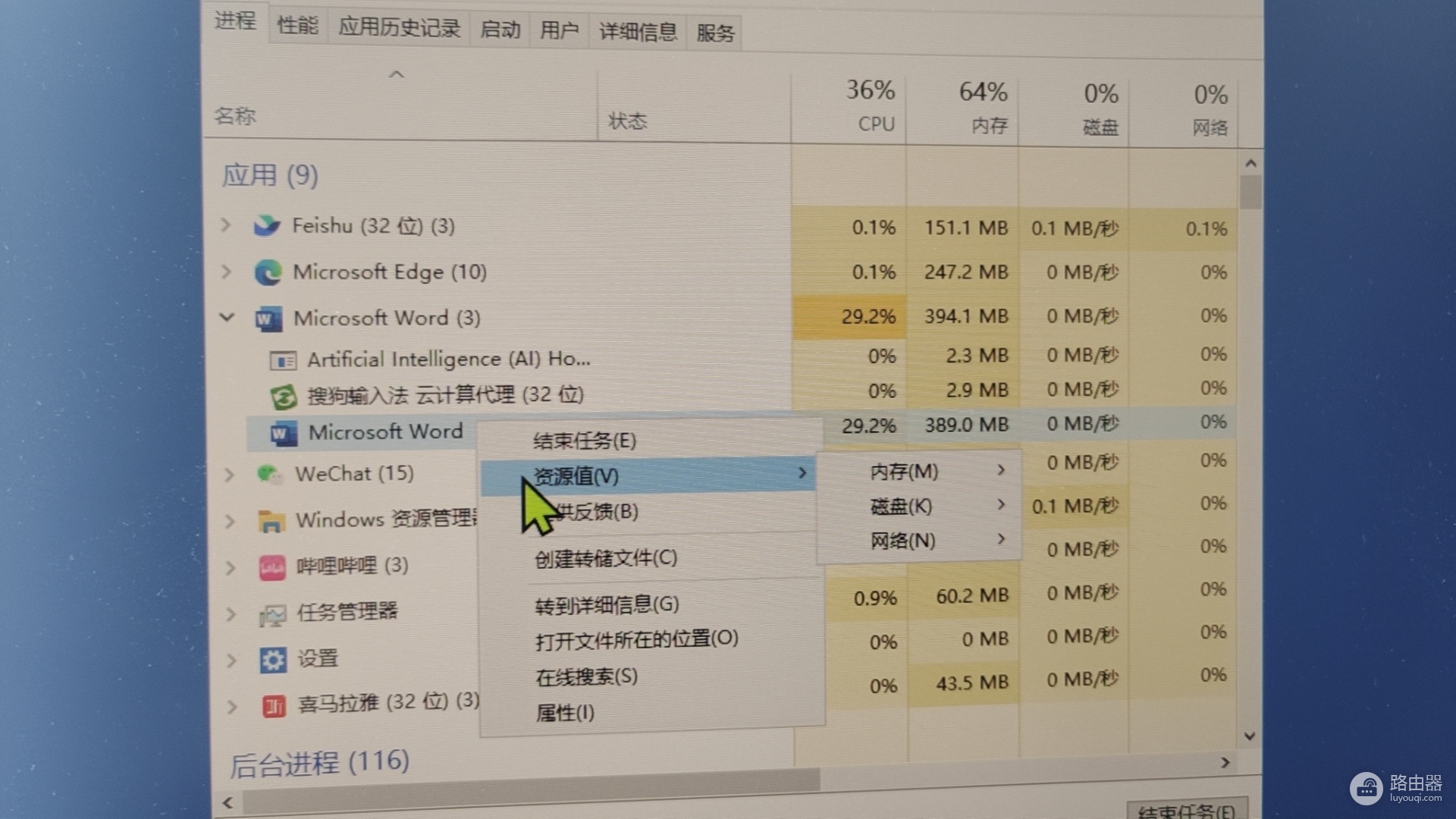 任务管理器中word磁盘和网络占用为0是故障吗？