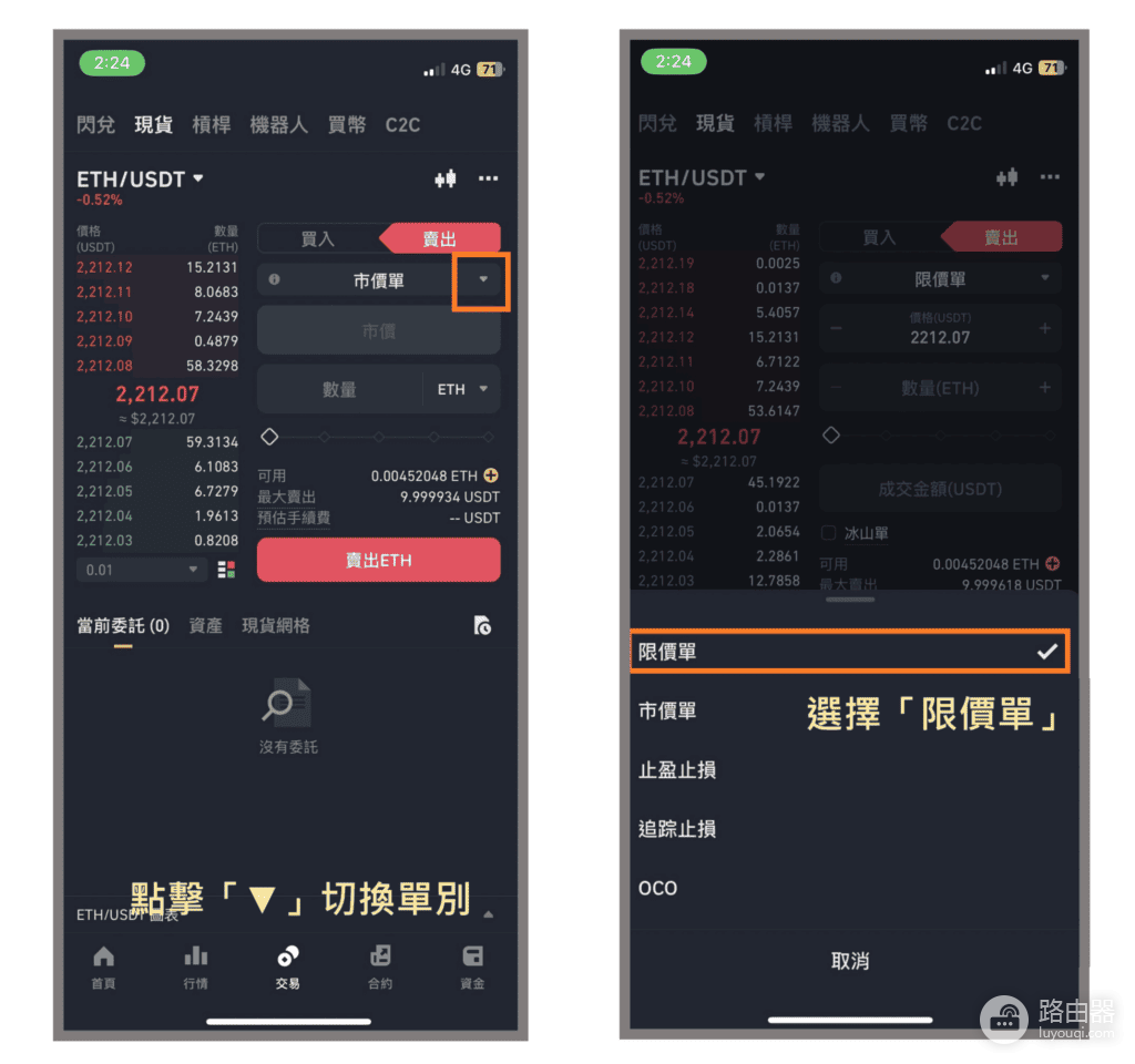 b安现货卖ETH最全实操,限价单、市价单、止盈止损单、追踪止损单、OCO