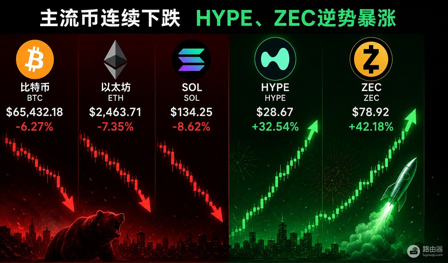 比特币、以太坊、SOL主流币连续下跌,HYPE、Zcash为什么逆势暴涨?