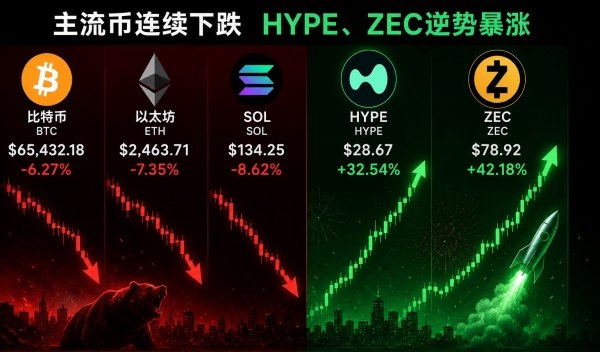 比特币、以太坊、SOL主流币连续下跌，HYPE、Zcash为什么逆势暴涨？