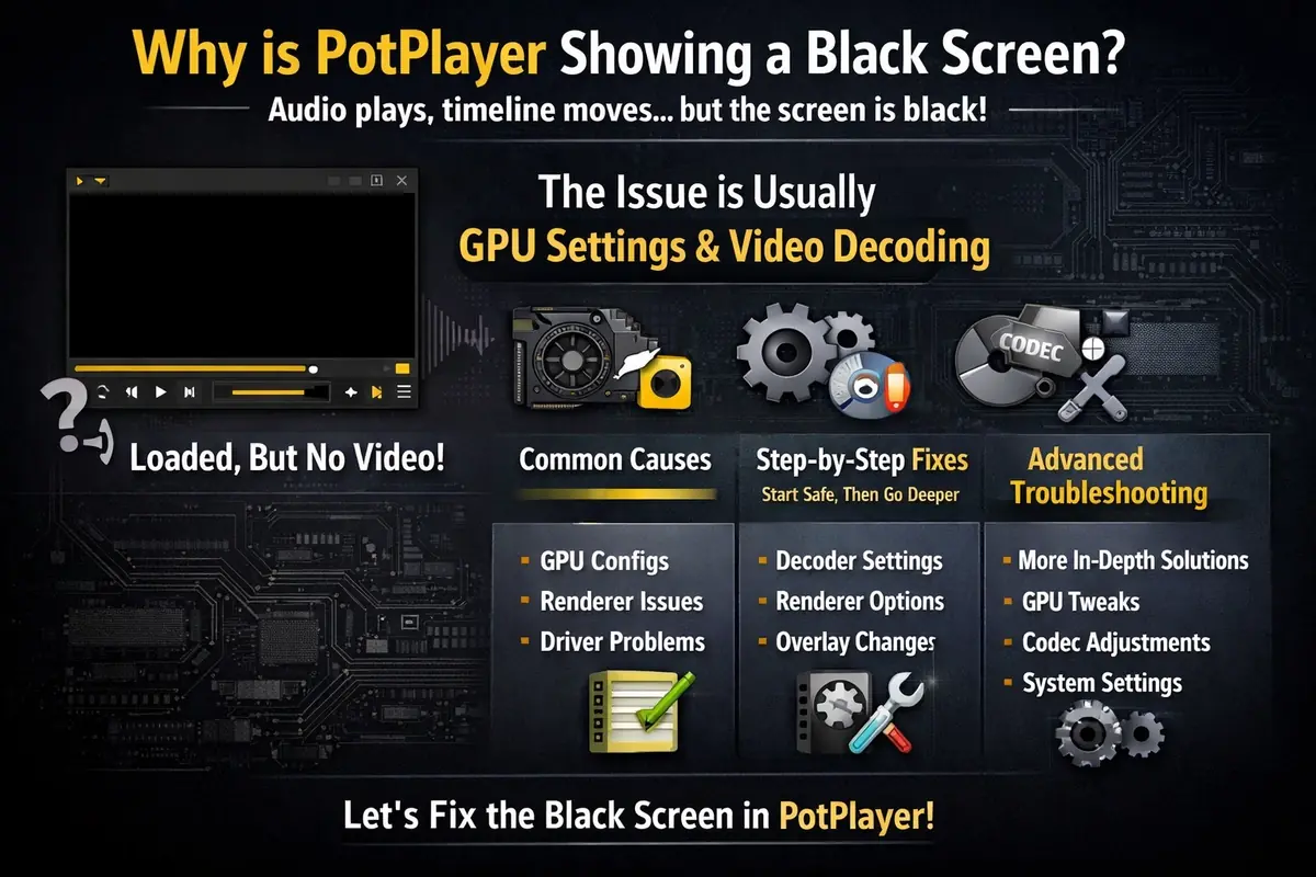 PotPlayer Direct3D 11黑屏怎么办?按顺序排查渲染器与硬解